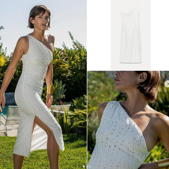 Zara Embroidered Asymmetric Midi Dress NWT White Size Large - Picture 1 of 9